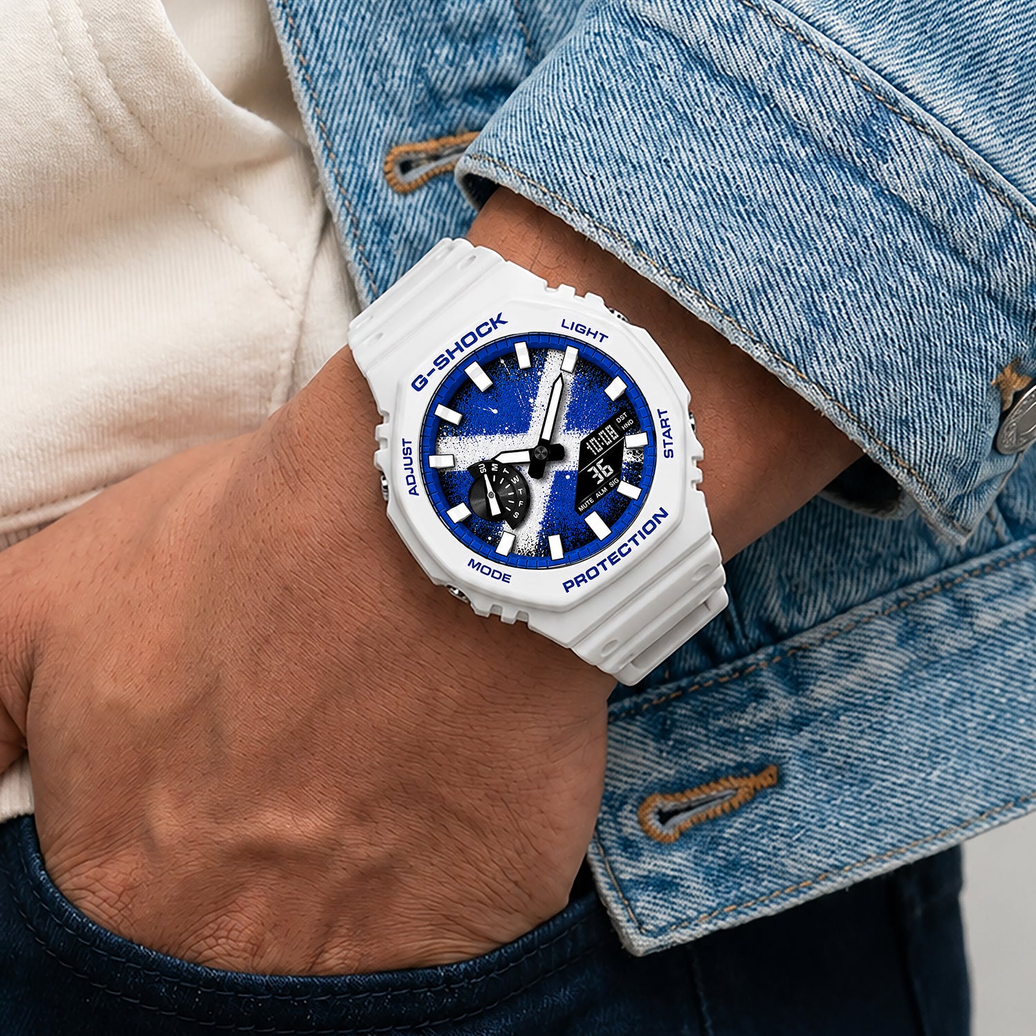 Casio G-Shock Scotland flag watch worn on the wrist, by IFL Watches