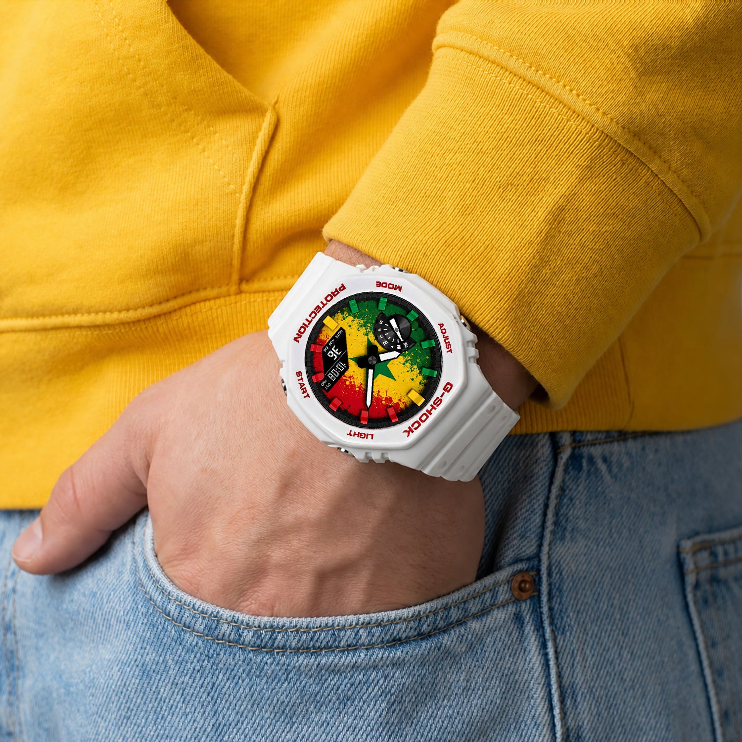 Custom Senegal flag Casio G-Shock on the wrist, by IFL Watches