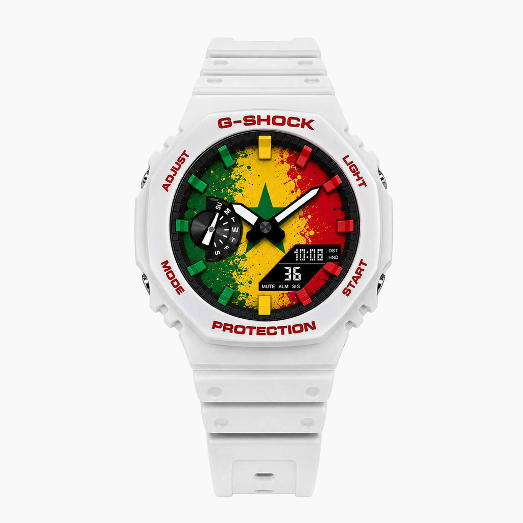 Casio G-Shock Senegal — white custom G-Shock with the Senegal flag dial, by IFL Watches