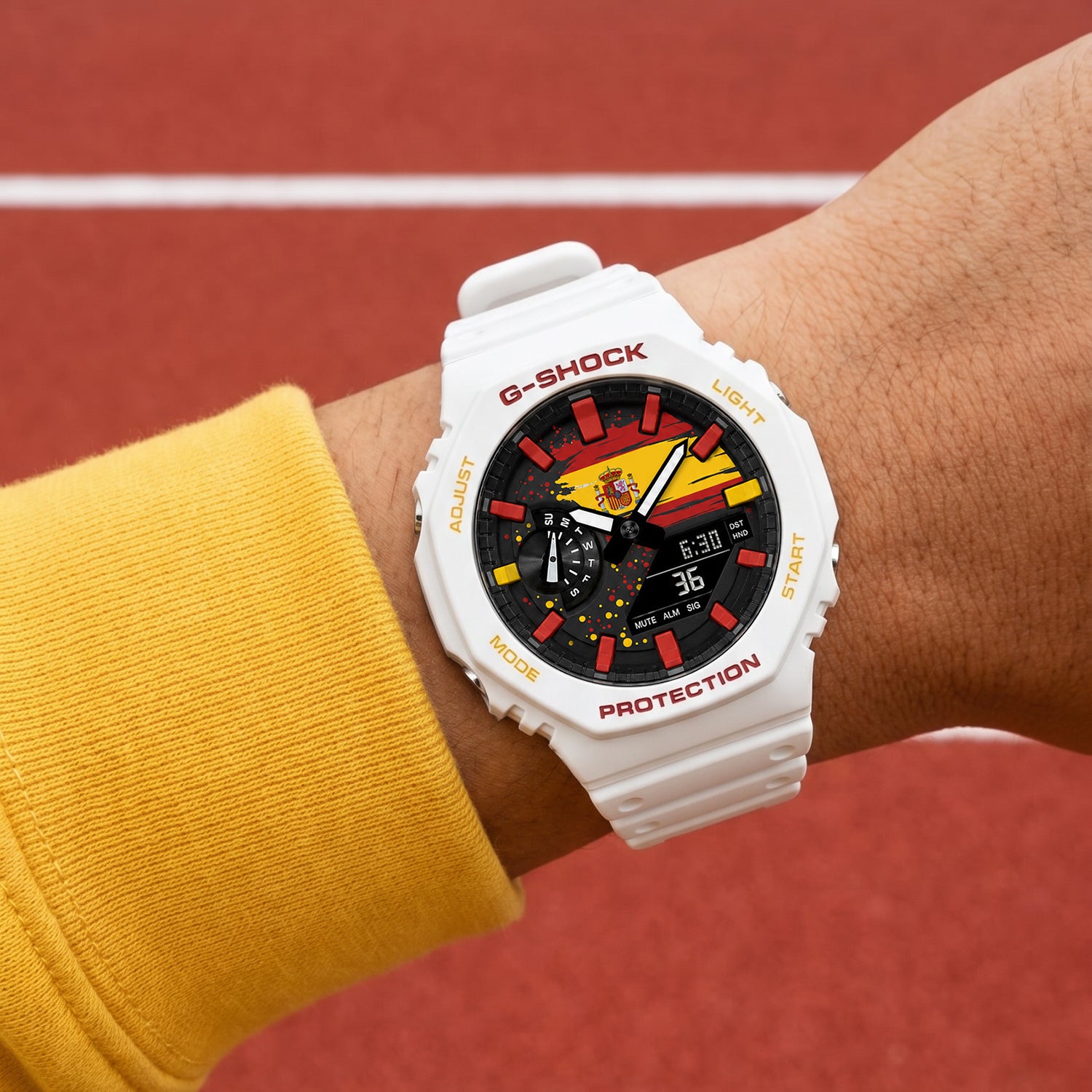 Custom Spain flag Casio G-Shock on the wrist, by IFL Watches