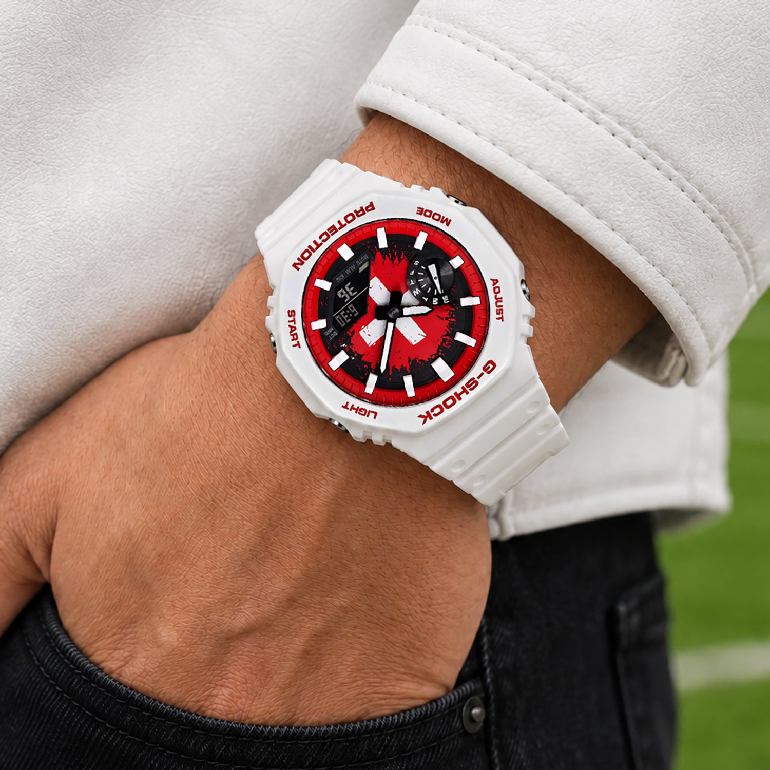 Casio G-Shock Switzerland flag watch worn on the wrist, by IFL Watches