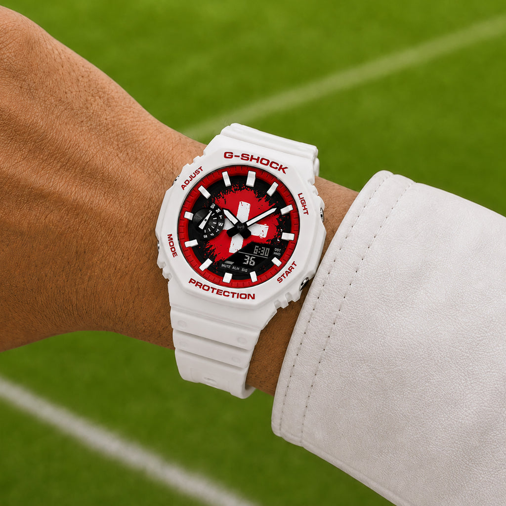 Custom Switzerland flag Casio G-Shock on the wrist, by IFL Watches