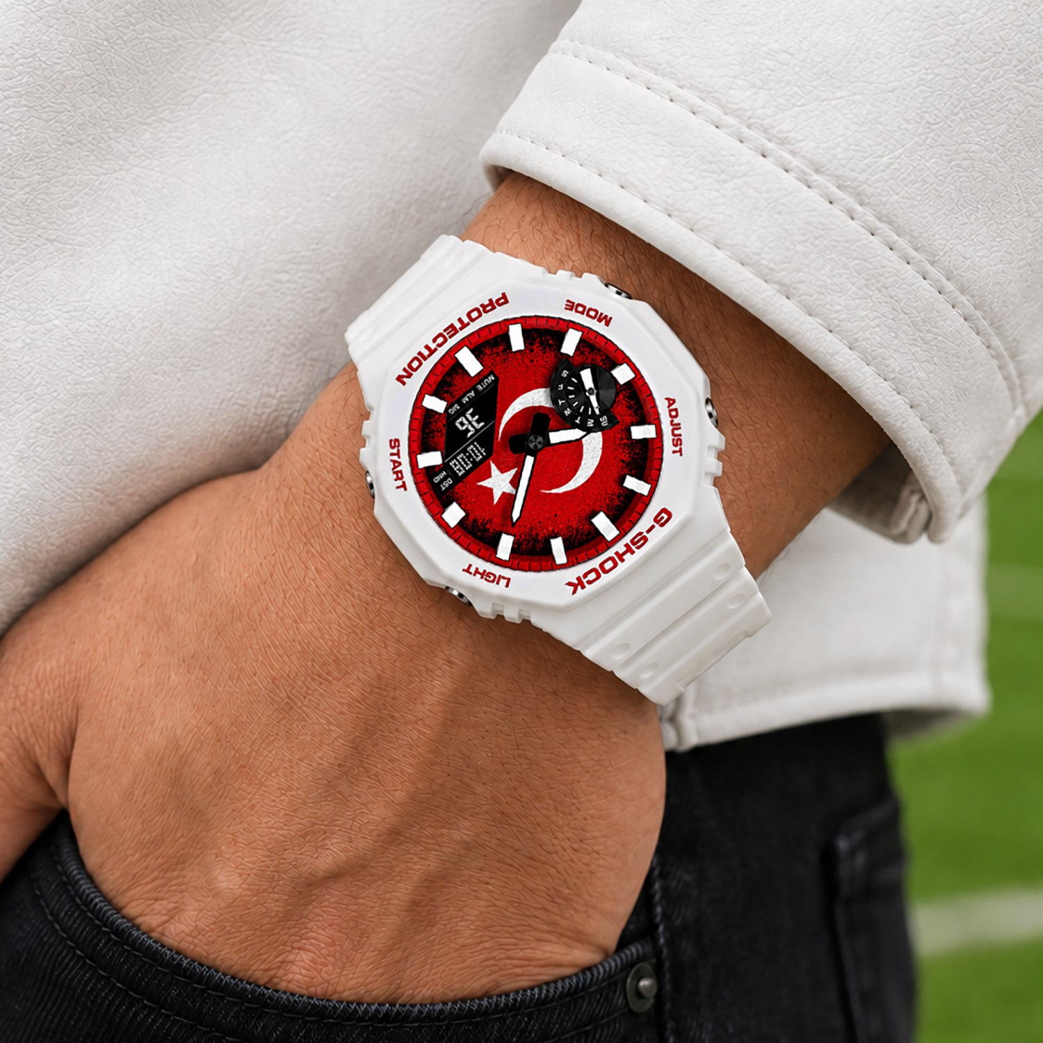 Casio G-Shock Turkey flag watch worn on the wrist, by IFL Watches