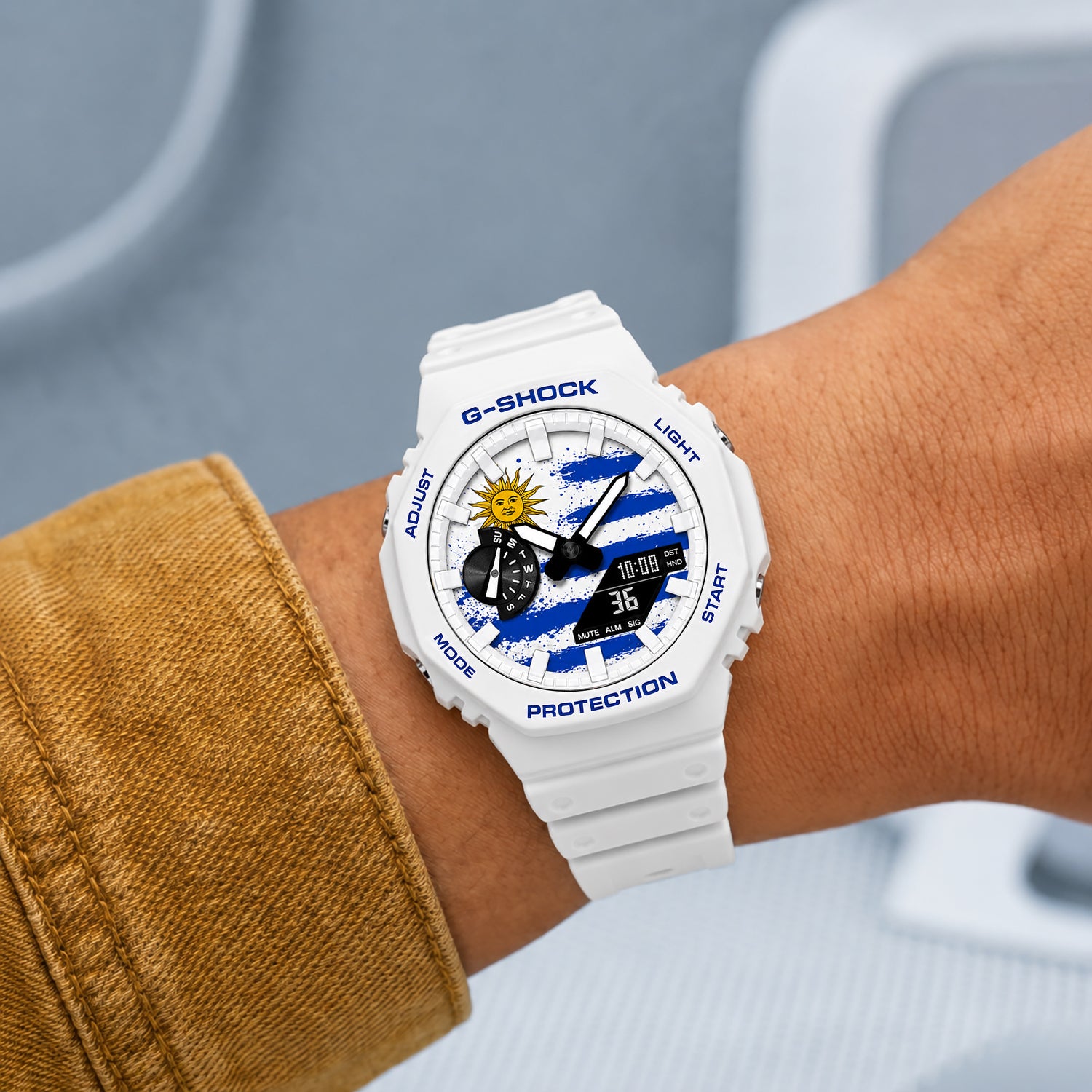 Casio G-Shock Uruguay flag watch worn on the wrist, by IFL Watches