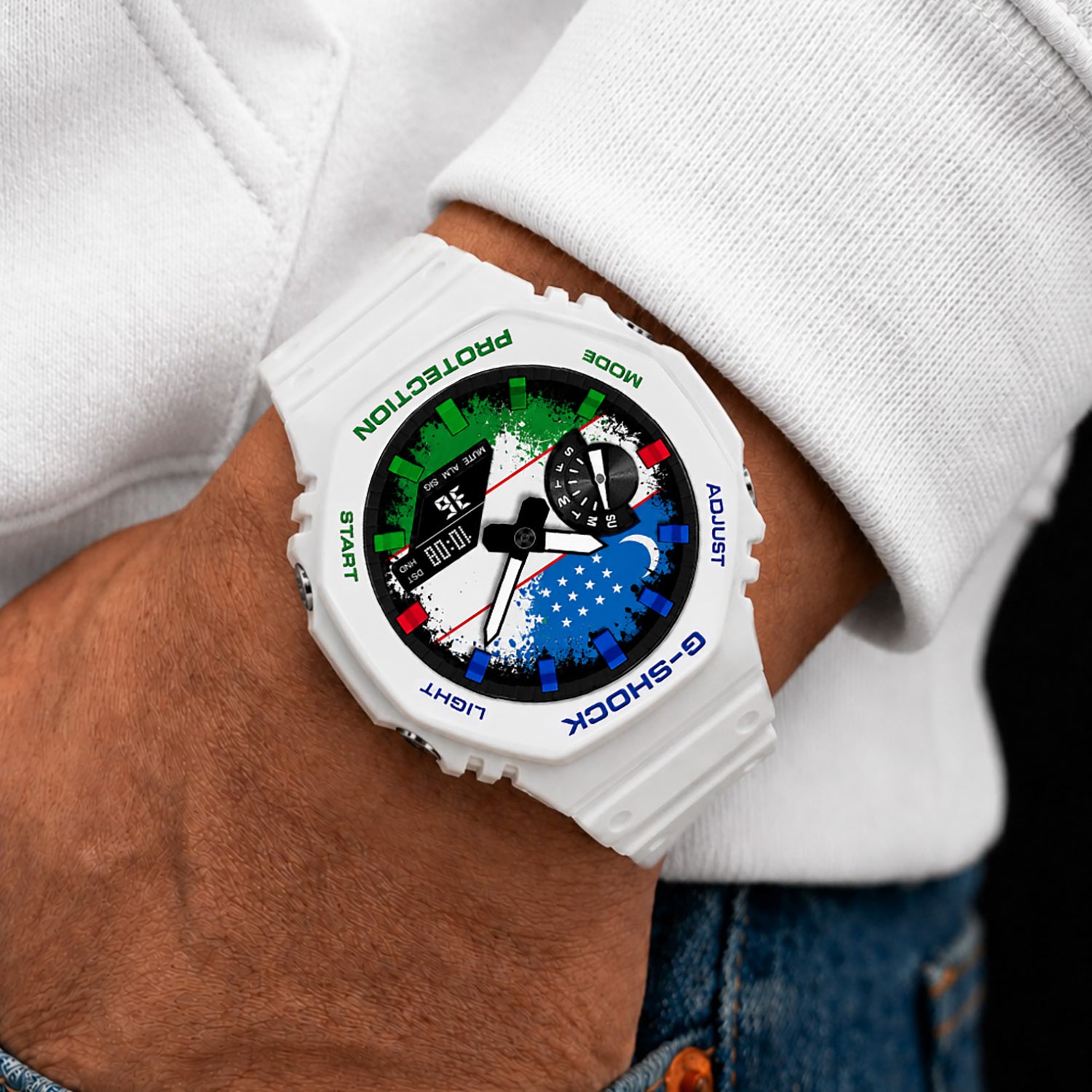 Custom Uzbekistan flag Casio G-Shock on the wrist, by IFL Watches