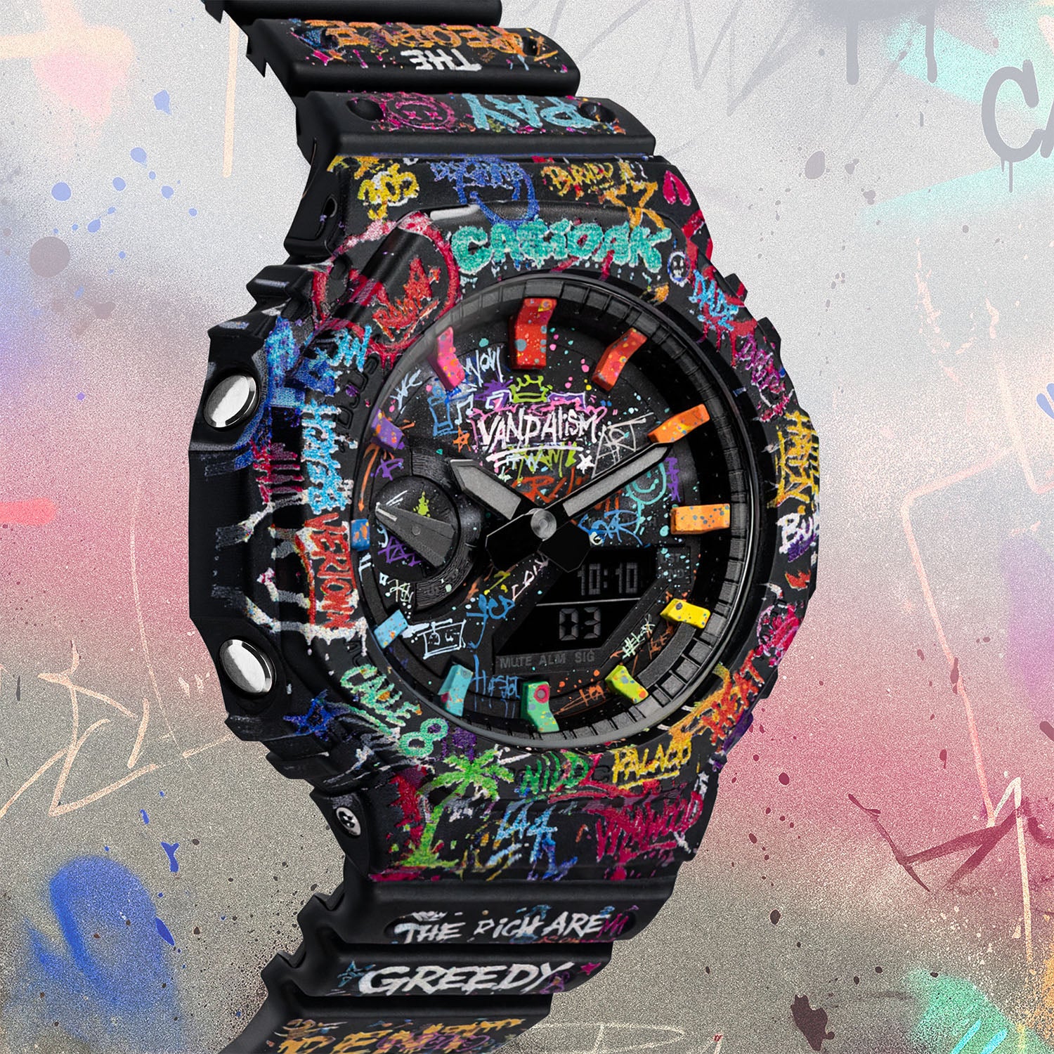 Casio G-Shock Vandalism — Detail view of the hand-painted graffiti dial with multicolor spray-cap markers, limited edition by IFL Watches