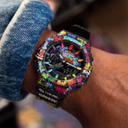 Casio G-Shock Vandalism — Casio G-Shock GA-2100 on the wrist, graffiti across dial, bezel and strap, customized by IFL Watches