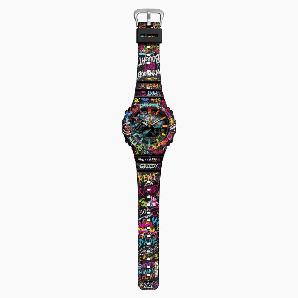 Casio G-Shock Vandalism — Casio G-Shock GA-2100 with graffiti across the dial, bezel and strap, a custom limited edition by IFL Watches