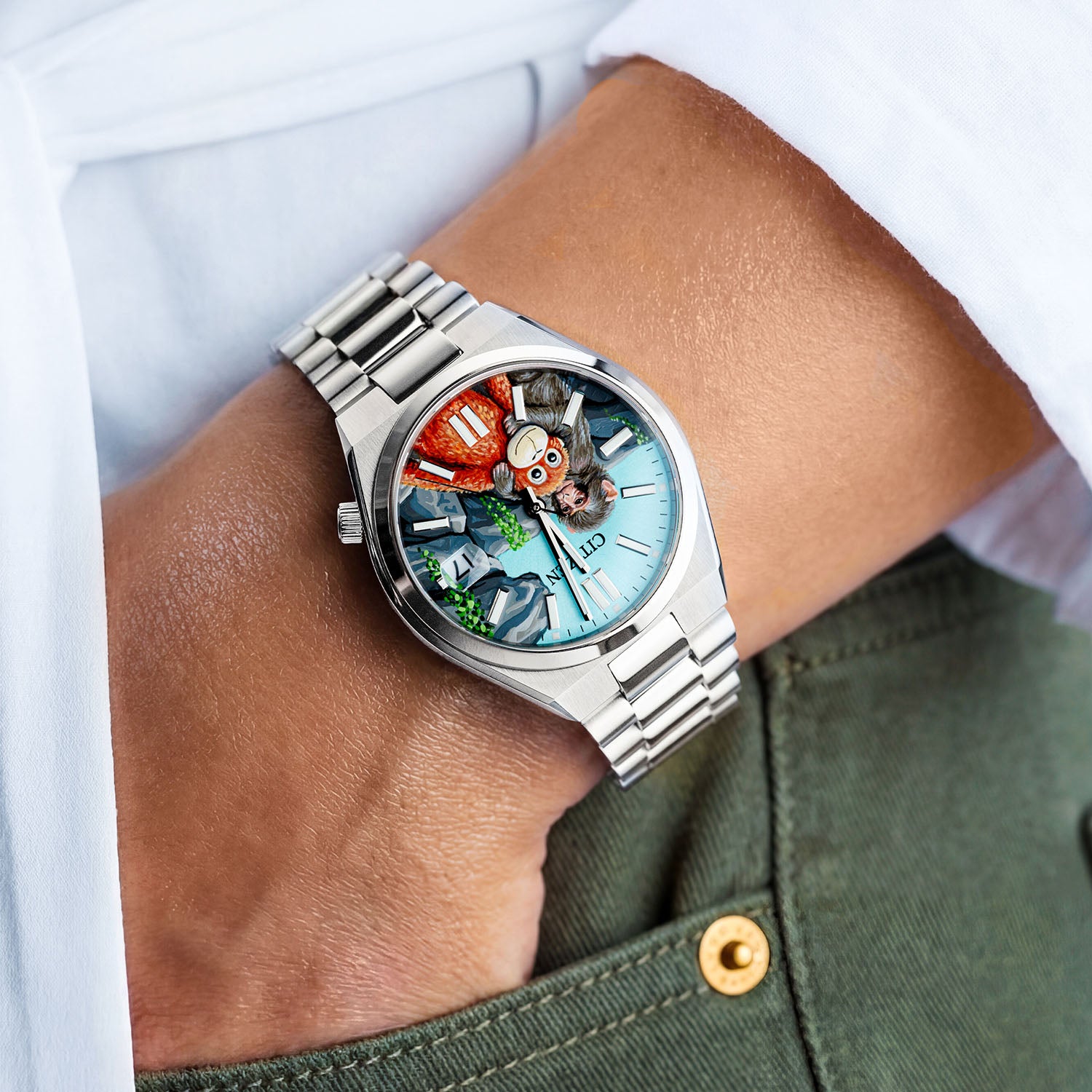 Citizen Tsuyosa Punch — Hand-painted custom Citizen Tsuyosa Automatic featuring a baby snow monkey holding his orange stuffed orangutan plushie inspired by the true story of Punch from Ichikawa City Zoo, a bespoke timepiece by IFL Watches