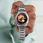 Defiant Inferno Concept on wrist — crown-side view showing the 40.5mm Super Titanium™ case profile, integrated bracelet, and the hand-painted fire-breathing icon on the cosmic dial, a bespoke timepiece by IFL Watches.