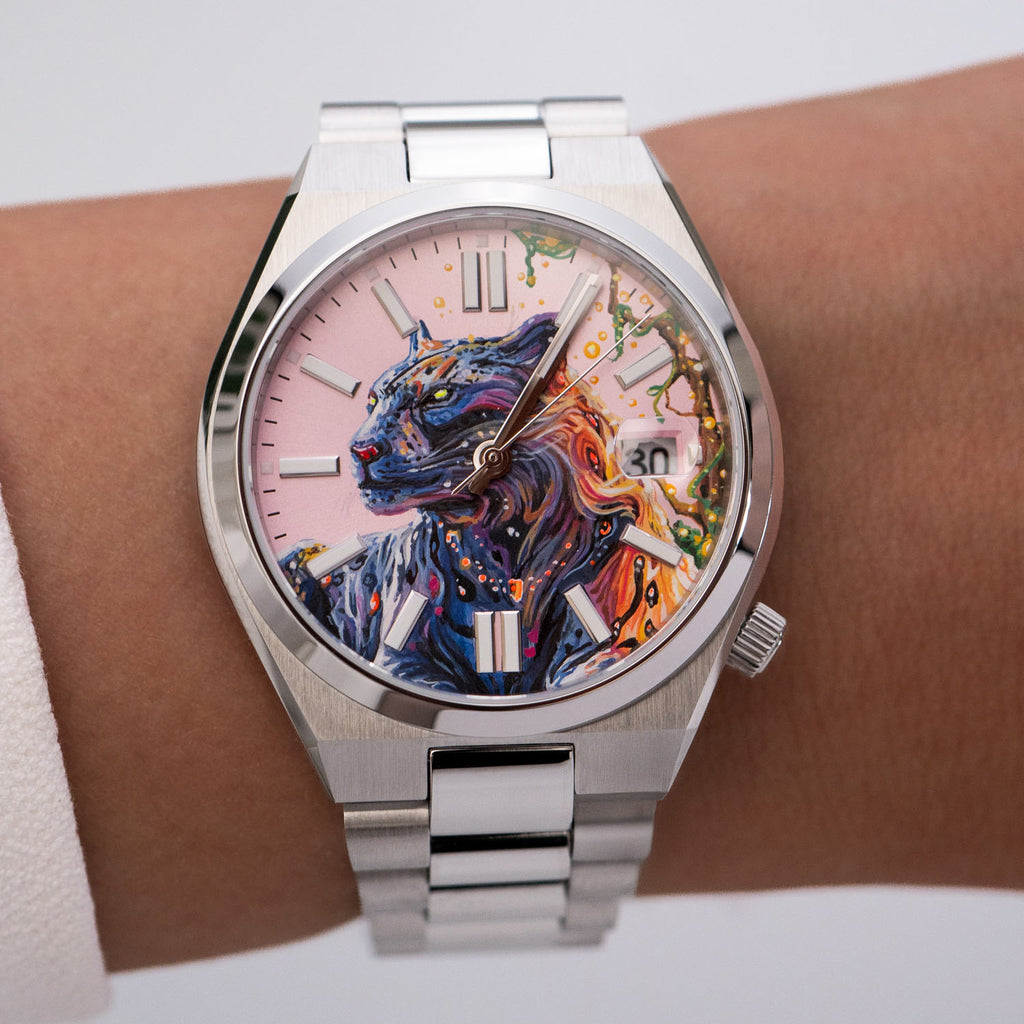 La Féline Concept – Hand-painted custom Citizen Tsuyosa 37mm with UV-reactive panther artwork, a bespoke timepiece by IFL Watches