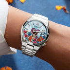 Citizen Tsuyosa Calavera Turquesa – Hand-painted skull with purple serpent and vivid flowers on turquoise blue sunray dial, limited edition by IFL Watches 