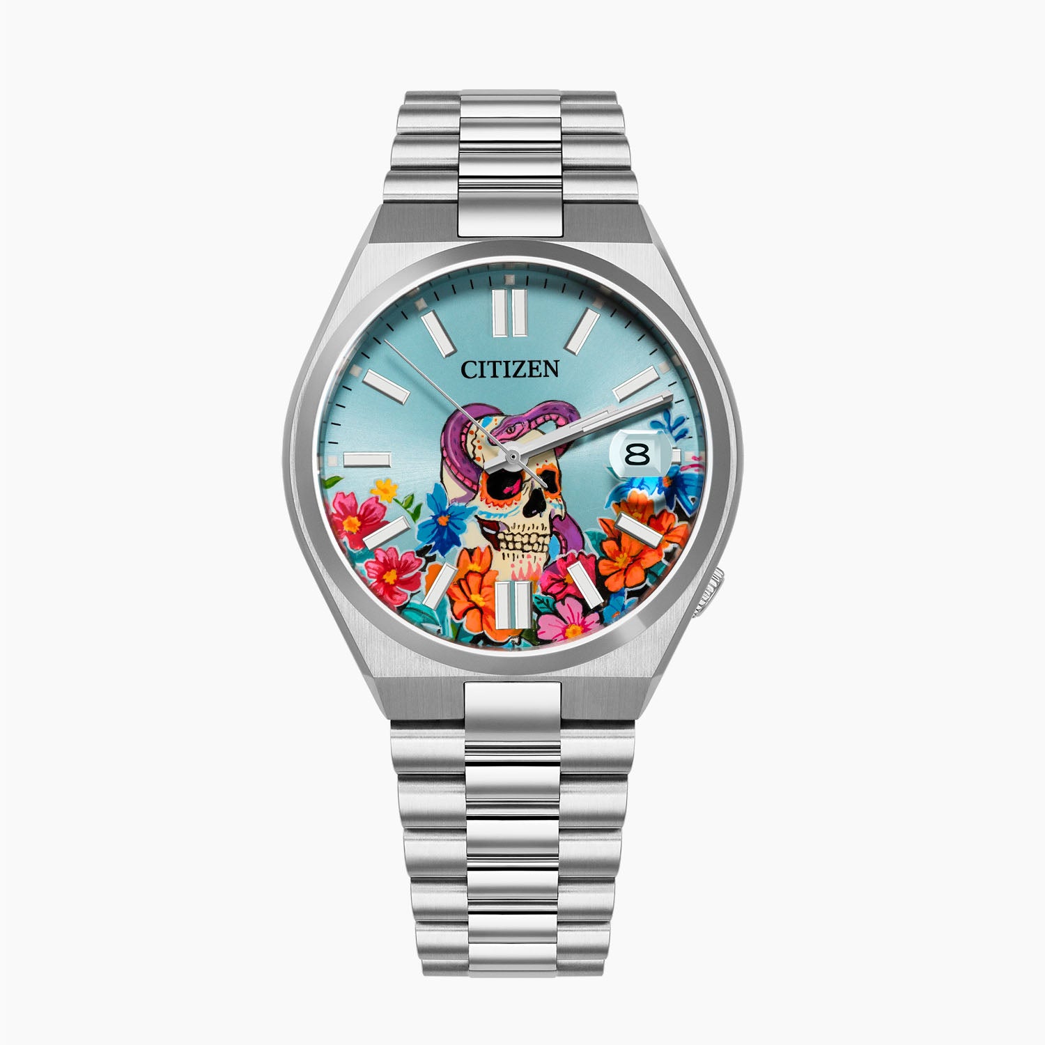 Citizen Tsuyosa Calavera Turquesa – Hand-painted custom Día de los Muertos skull and serpent on turquoise blue sunray 37mm dial, limited edition by IFL Watches