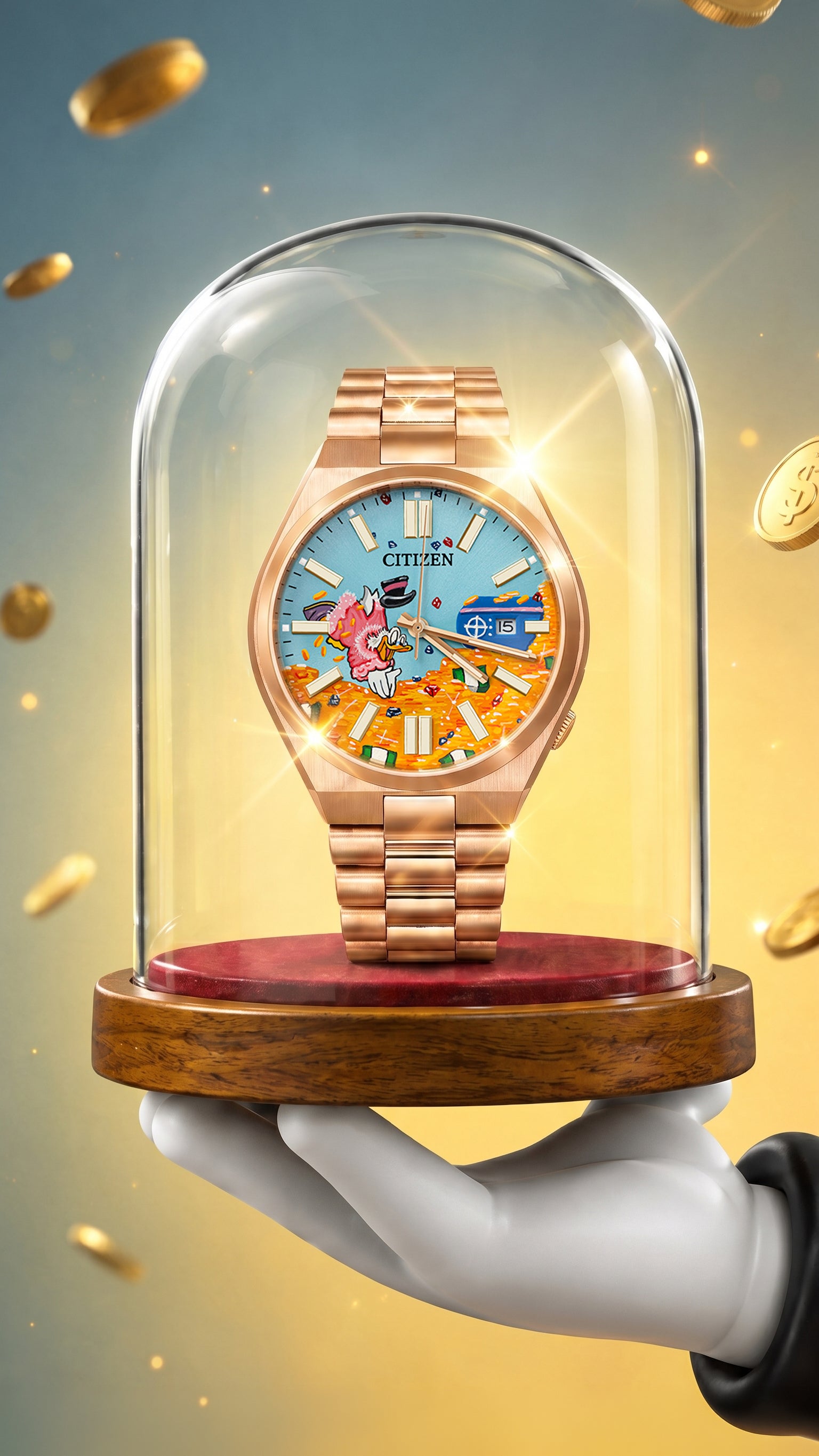Citizen Tsuyosa Dive in Time — hand-painted bespoke watch with a headfirst dive into a vault of golden coins and gems on a rose gold case, by IFL Watches