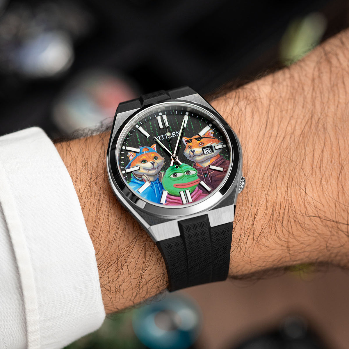 Citizen Tsuyosa Strap – Black FKM strap shown at an angle on the wrist with the hand-painted HODL Squad Concept by IFL Watches