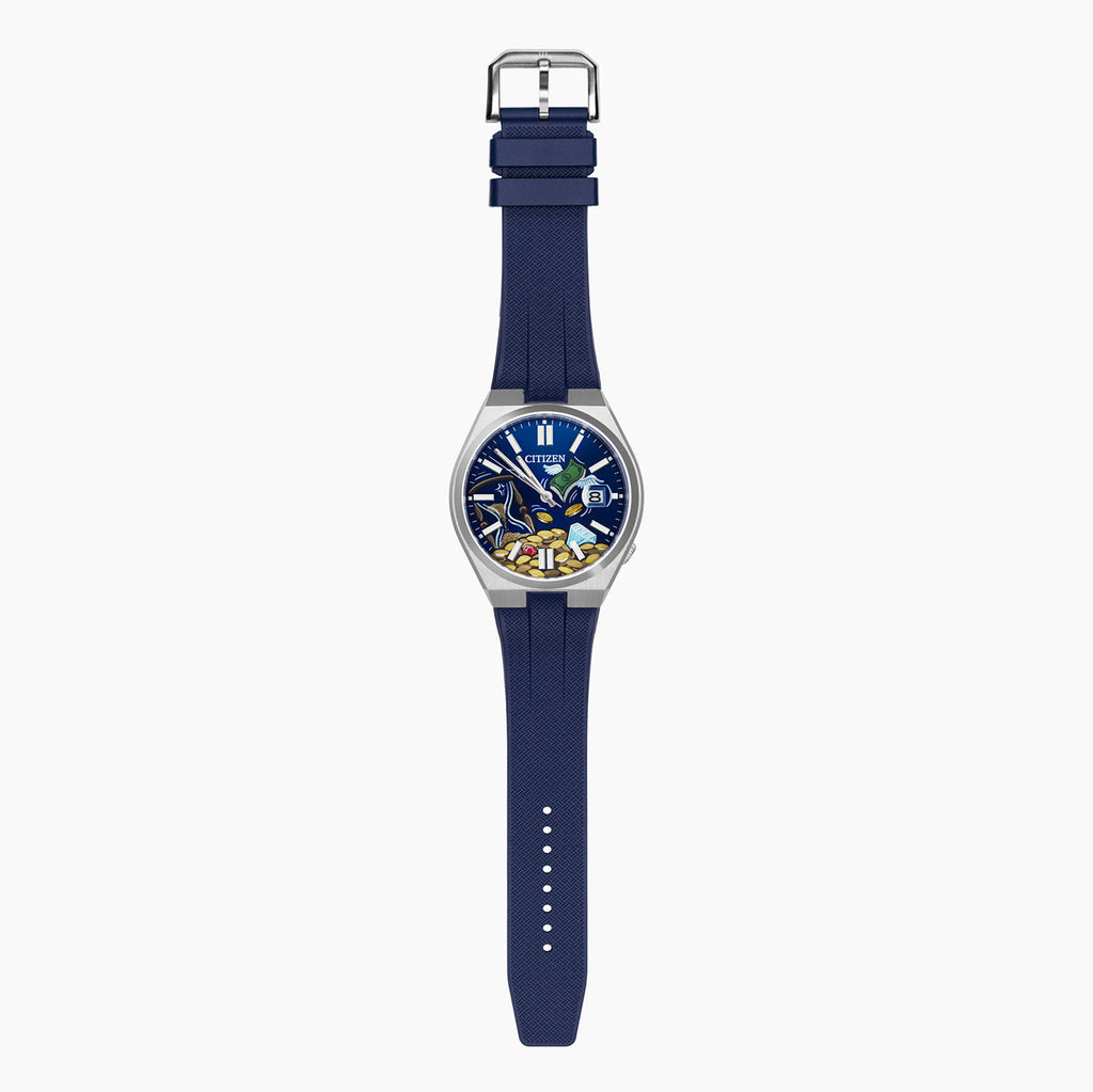 Citizen Tsuyosa Strap – Blue FKM strap fitted to the hand-painted Time Is Money Concept by IFL Watches