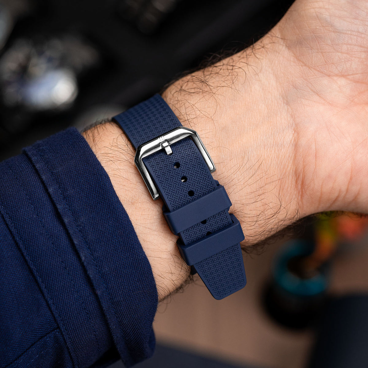 Citizen Tsuyosa Strap – Blue FKM strap detail showing the pin buckle on the wrist