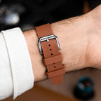 Citizen Tsuyosa Strap – Brown FKM strap detail showing the pin buckle on the wrist