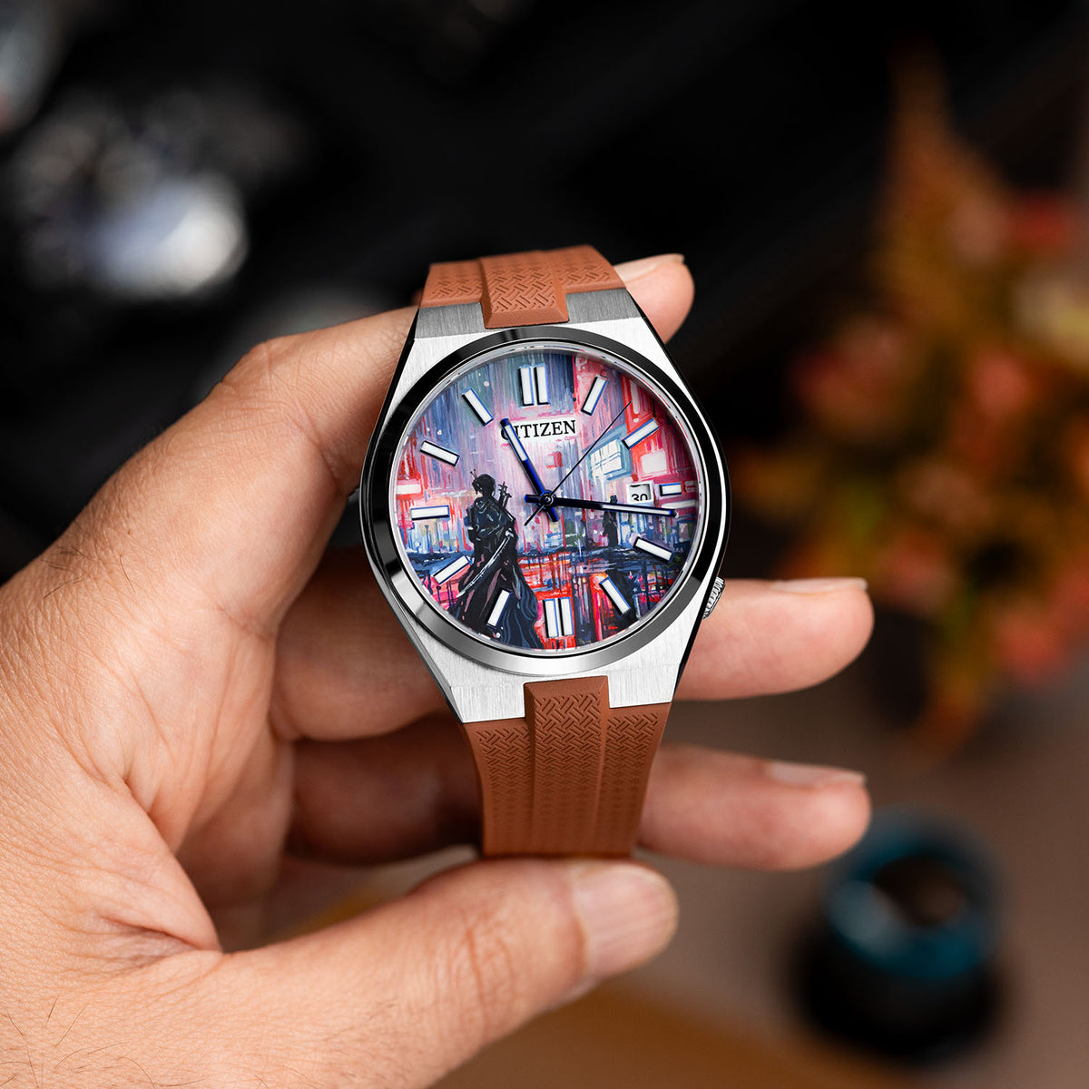 Citizen Tsuyosa Strap – Brown FKM strap on the hand-painted Tsuyosa Osaka Concept by IFL Watches, held in the hand