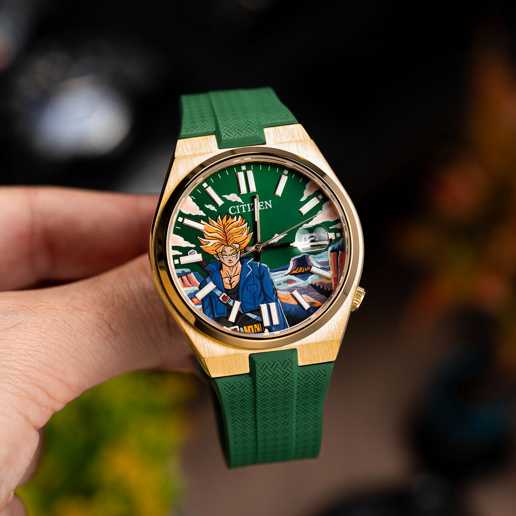 Citizen Tsuyosa Strap – Green FKM strap fitted to the hand-painted Future Fury Concept by IFL Watches, angled view in the hand