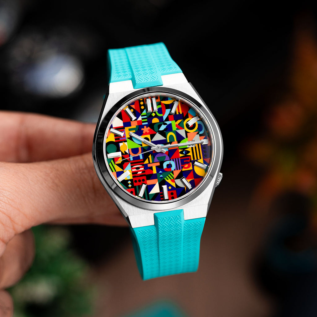 Citizen Tsuyosa Strap – Tiffany FKM strap fitted to a hand-painted Citizen Tsuyosa by IFL Watches, angled view in the hand