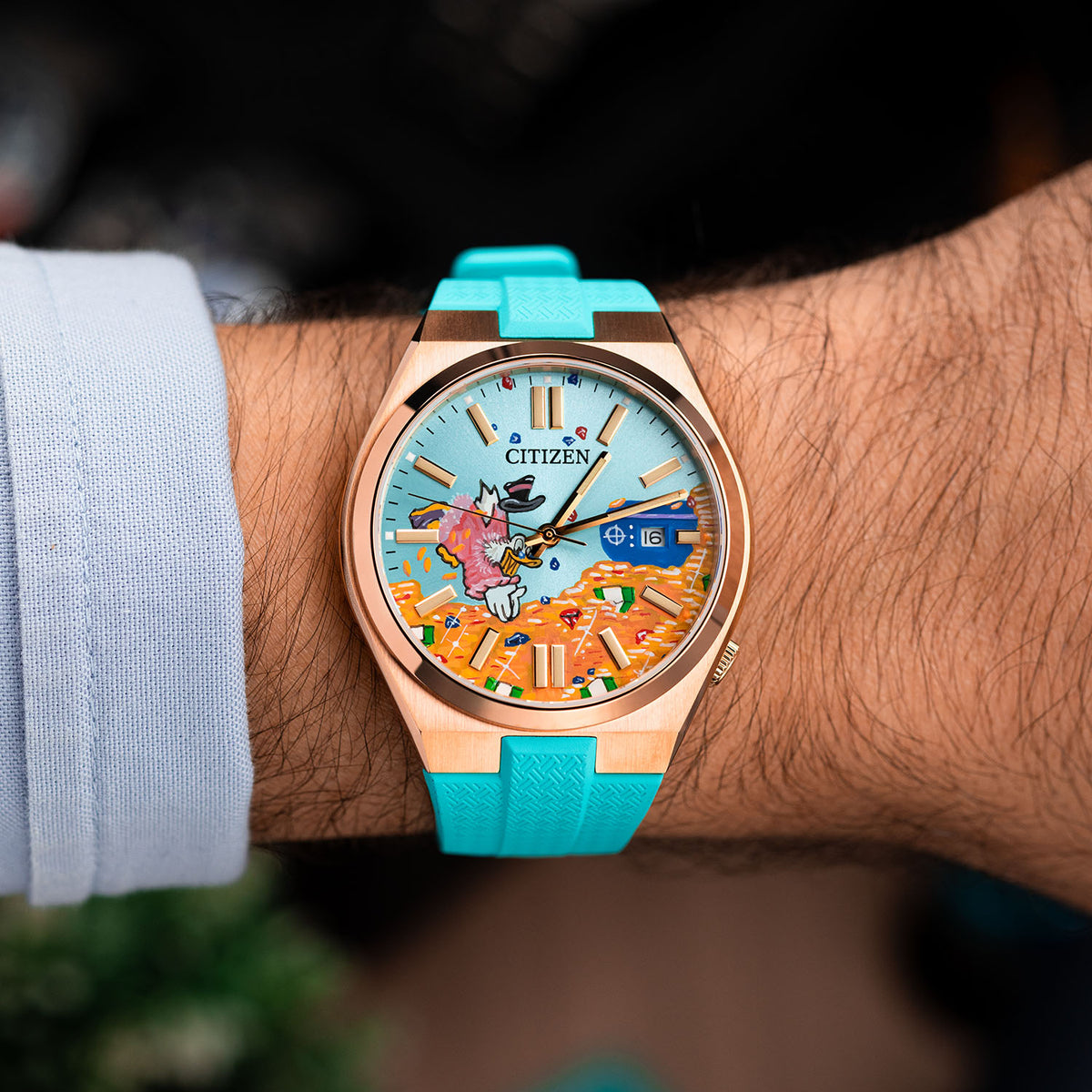 Citizen Tsuyosa Strap – Tiffany FKM strap worn on the wrist with the hand-painted Citizen Tsuyosa Dive in Time by IFL Watches