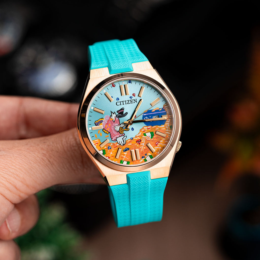 Citizen Tsuyosa Strap – Tiffany FKM strap fitted to the hand-painted Citizen Tsuyosa Dive in Time by IFL Watches, angled view in the hand