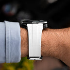 Citizen Tsuyosa Strap – White FKM strap seen from the side, meeting the case of a hand-painted Citizen Tsuyosa Shore by IFL Watches