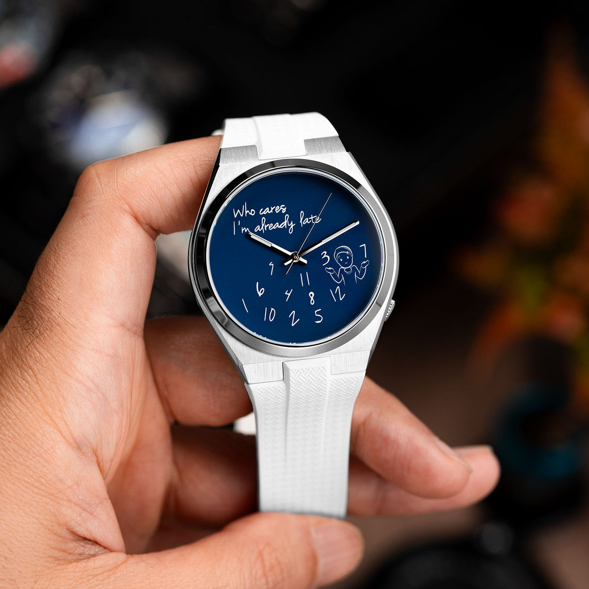 Citizen Tsuyosa Strap – White FKM strap on the hand-painted Tsuyosa Who Cares Concept by IFL Watches, held in the hand