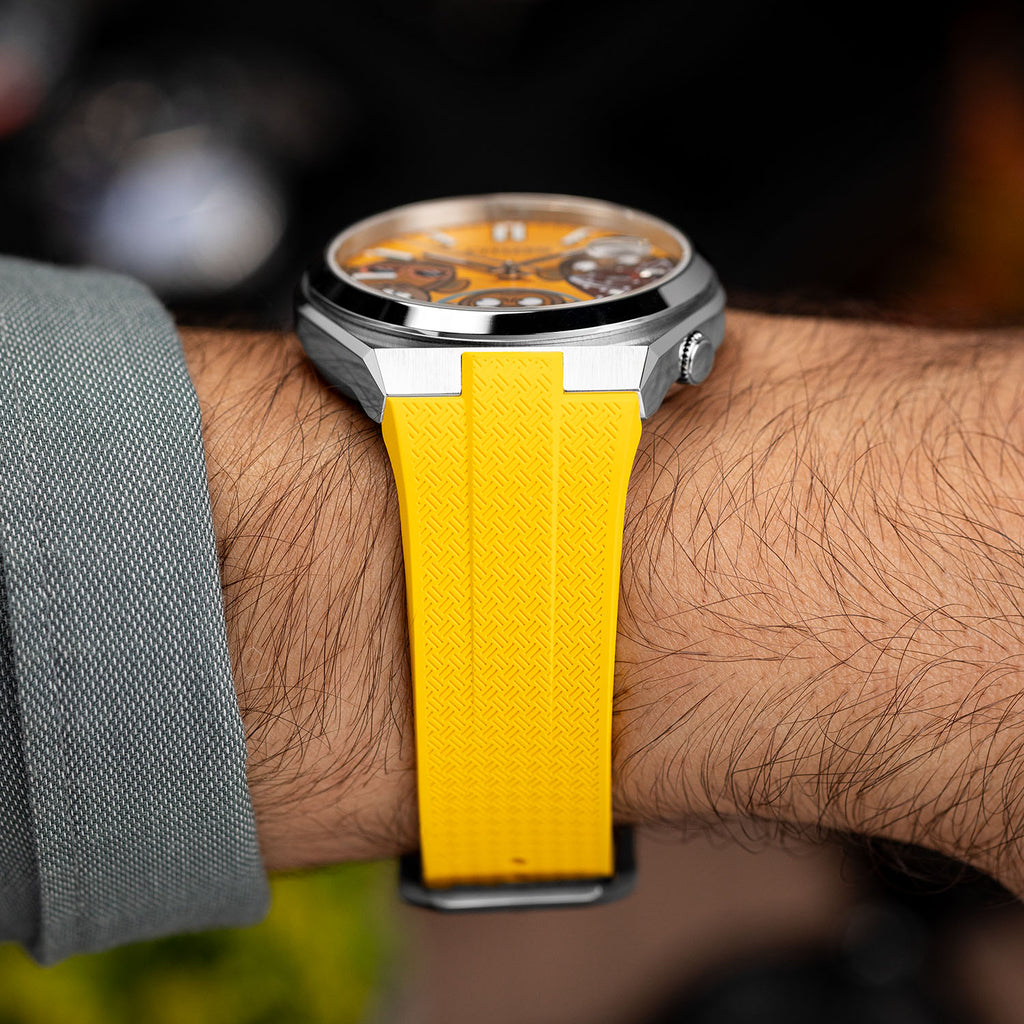 Citizen Tsuyosa Strap – Yellow FKM strap seen from the side, meeting the case of the hand-painted Wise Guys Concept by IFL Watches