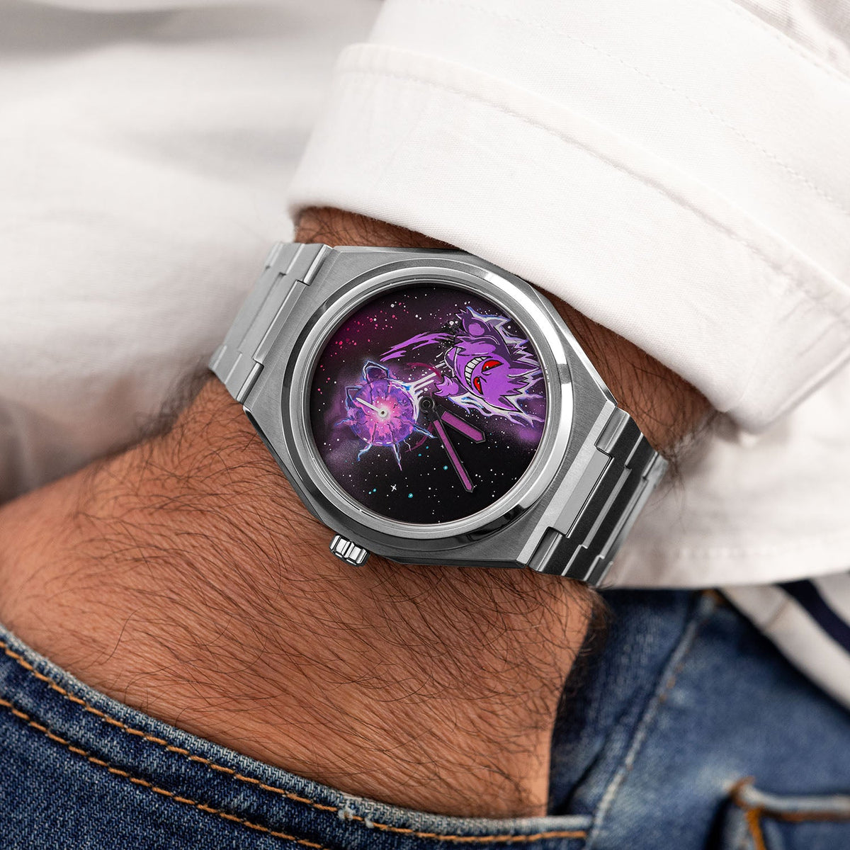 Defiant Shadow Concept — Hand-painted dial seen from above on the wrist, purple lume hands over a custom cosmic scene, a bespoke timepiece by IFL Watches.