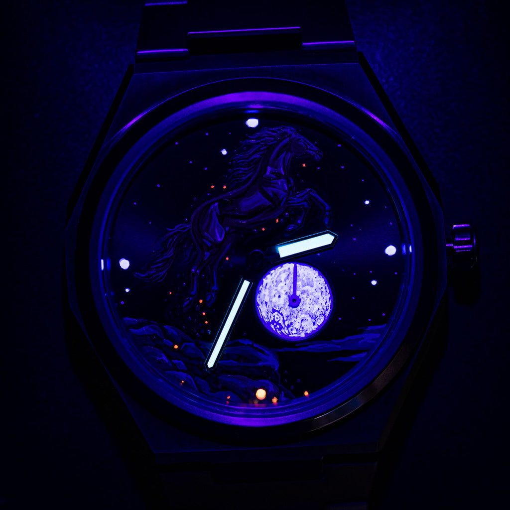 Citizen Zenshin Golden Stallion – Hand-painted custom Citizen Zenshin featuring a golden horse under a moonlit sky, a bespoke timepiece by IFL Watches