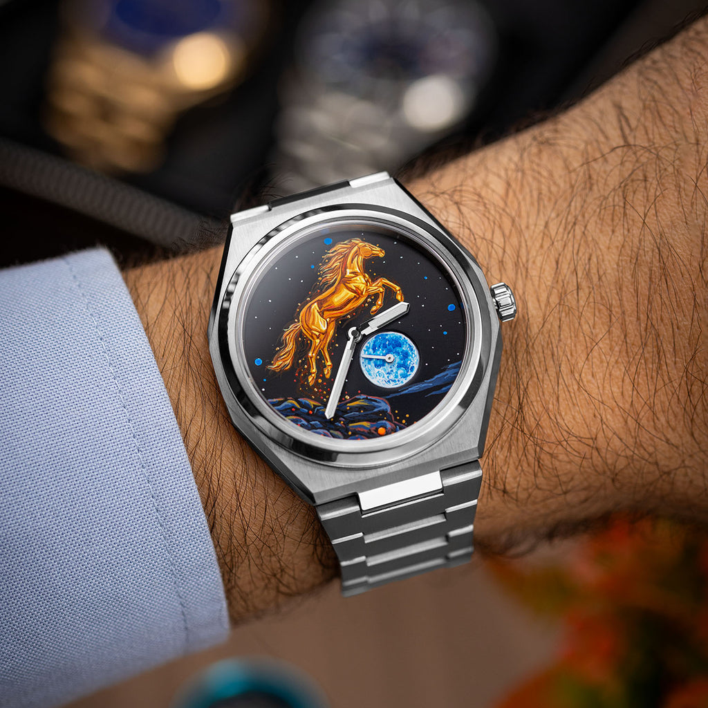 Citizen Zenshin Golden Stallion – Hand-painted custom Citizen Zenshin featuring a golden horse under a moonlit sky, a bespoke timepiece by IFL Watches