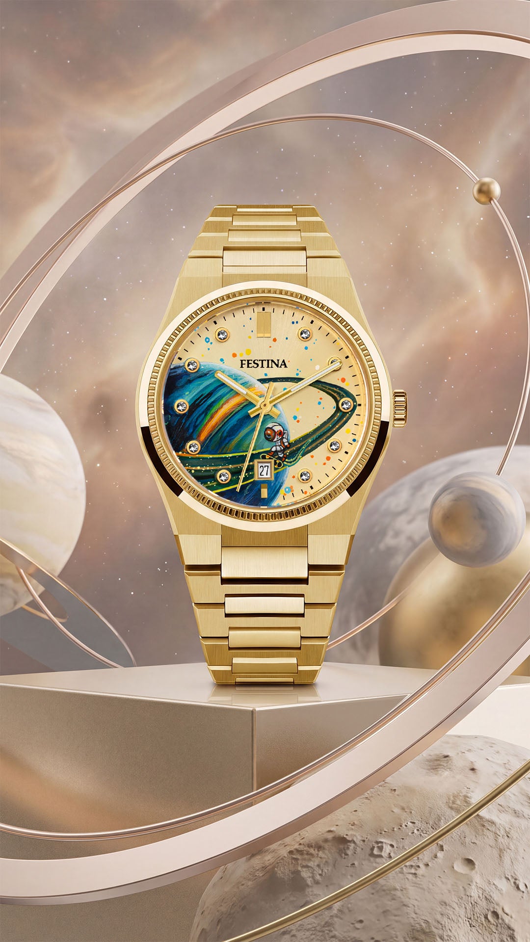 Festina Rive Space Ollie — Hand-painted custom dial where an astronaut rides the rings of a distant planet against a gold sunburst, on a 40mm Swiss quartz watch with fluted bezel, a bespoke timepiece by IFL Watches.

