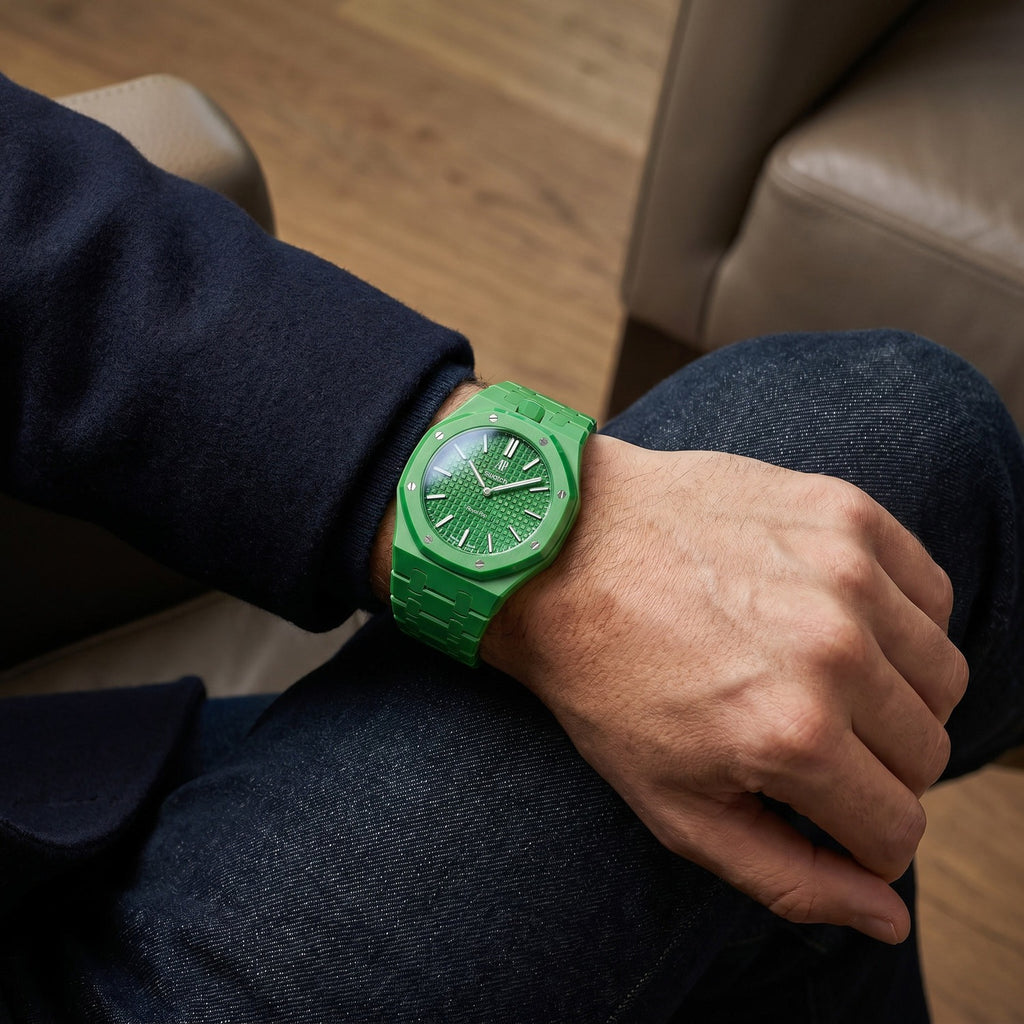 Green Eight Swatch × AP Royal Pop Ceramic Case-Strap — worn in a lounge scene, by IFL Watches