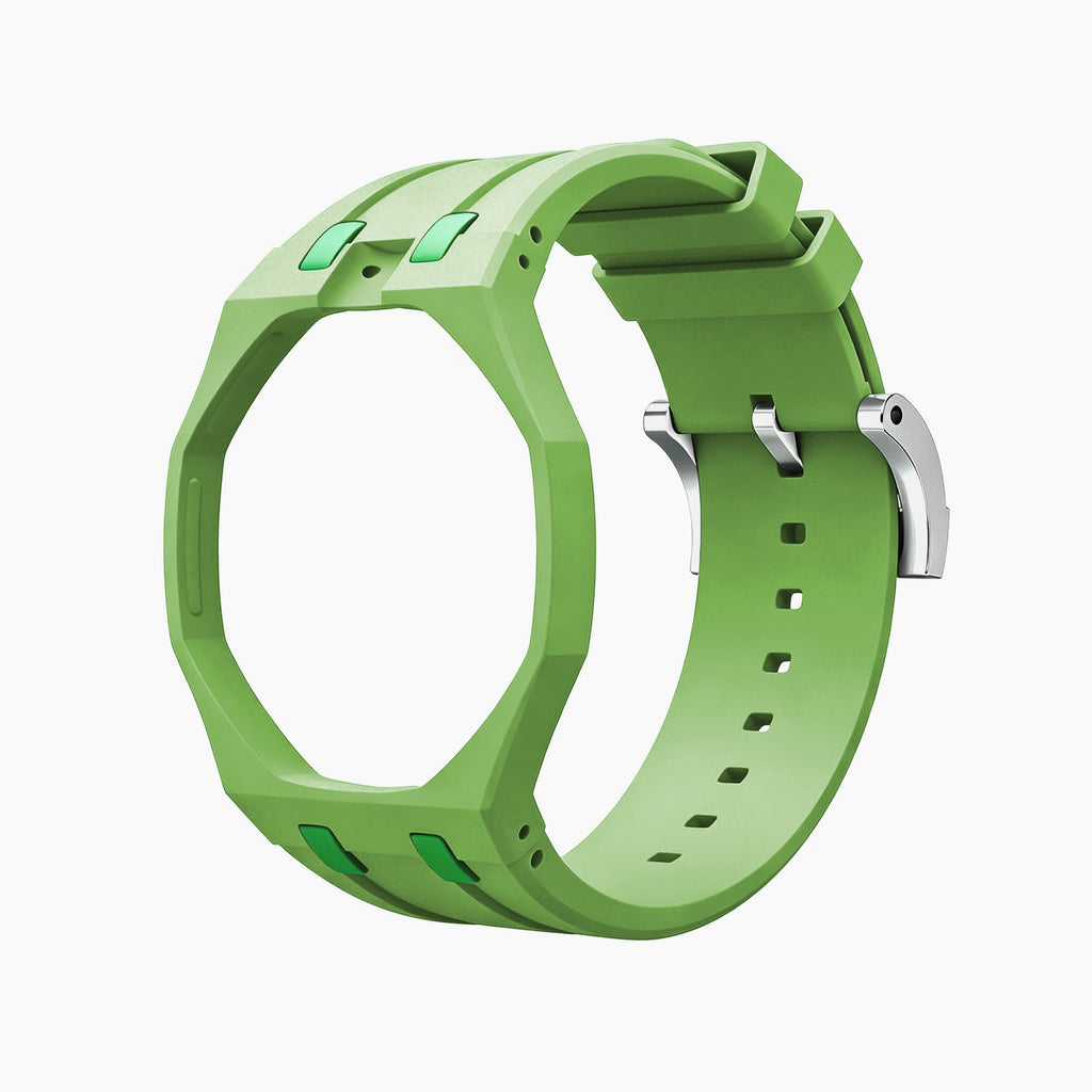 Green Eight Swatch × AP Royal Pop Rubber Case-Strap — case and strap shown separately above the Royal Pop, by IFL Watches
