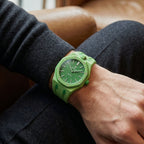 Green Eight Swatch × AP Royal Pop Rubber Case-Strap — worn in a lounge scene, by IFL Watches