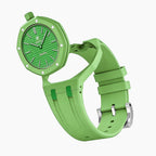 Green Eight Swatch × AP Royal Pop Rubber Case-Strap — the Royal Pop Green Eight seated in our rubber kit, three-quarter view, by IFL Watches