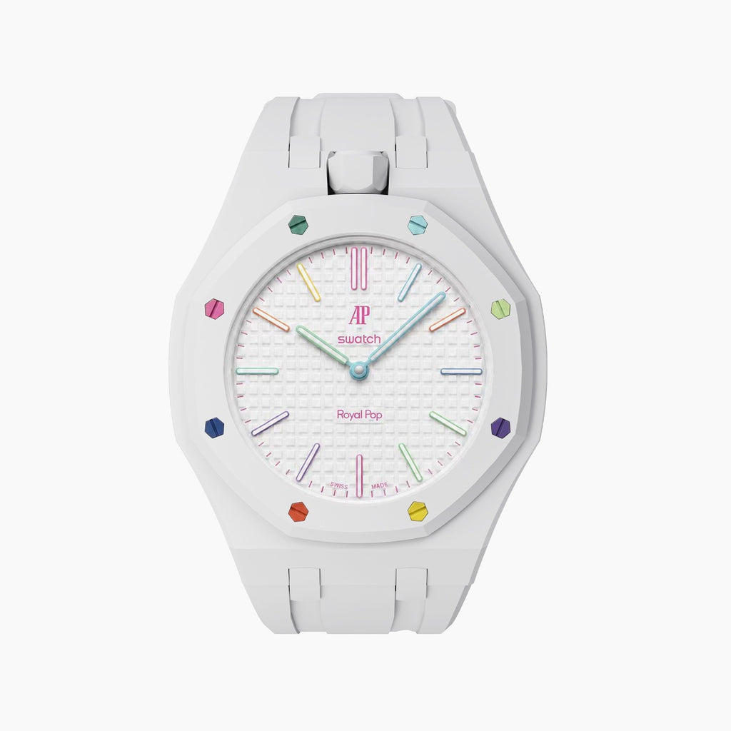 Huit Blanc Swatch × AP Royal Pop Rubber Case-Strap — crisp white kit with the Royal Pop head seated in the case, by IFL Watches