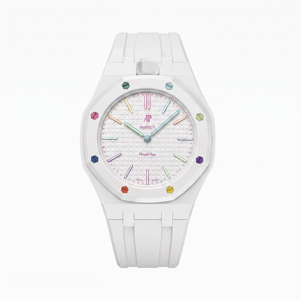 Huit Blanc Swatch × AP Royal Pop Rubber Case-Strap — crisp white kit with the Royal Pop head seated in the case, by IFL Watches