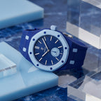 Lan Ba Swatch × AP Royal Pop Rubber Case-Strap — worn in a marble scene, by IFL Watches