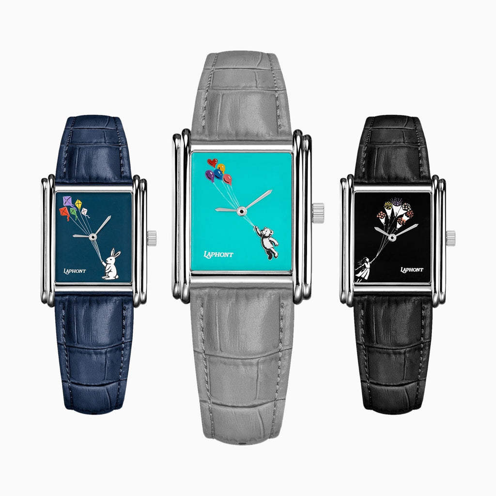 Laphont Bloc Cloudling at the centre between Skybound and Bouquella, the turquoise, navy and black hand-painted dials side by side on their croc-embossed straps, a limited edition set by IFL Watches