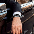 Laphont Bloc Bouquella — Worn with a dark suit and white shirt cuff, an arm resting on the door of a polished black classic car, a hand-painted limited edition timepiece by IFL Watches