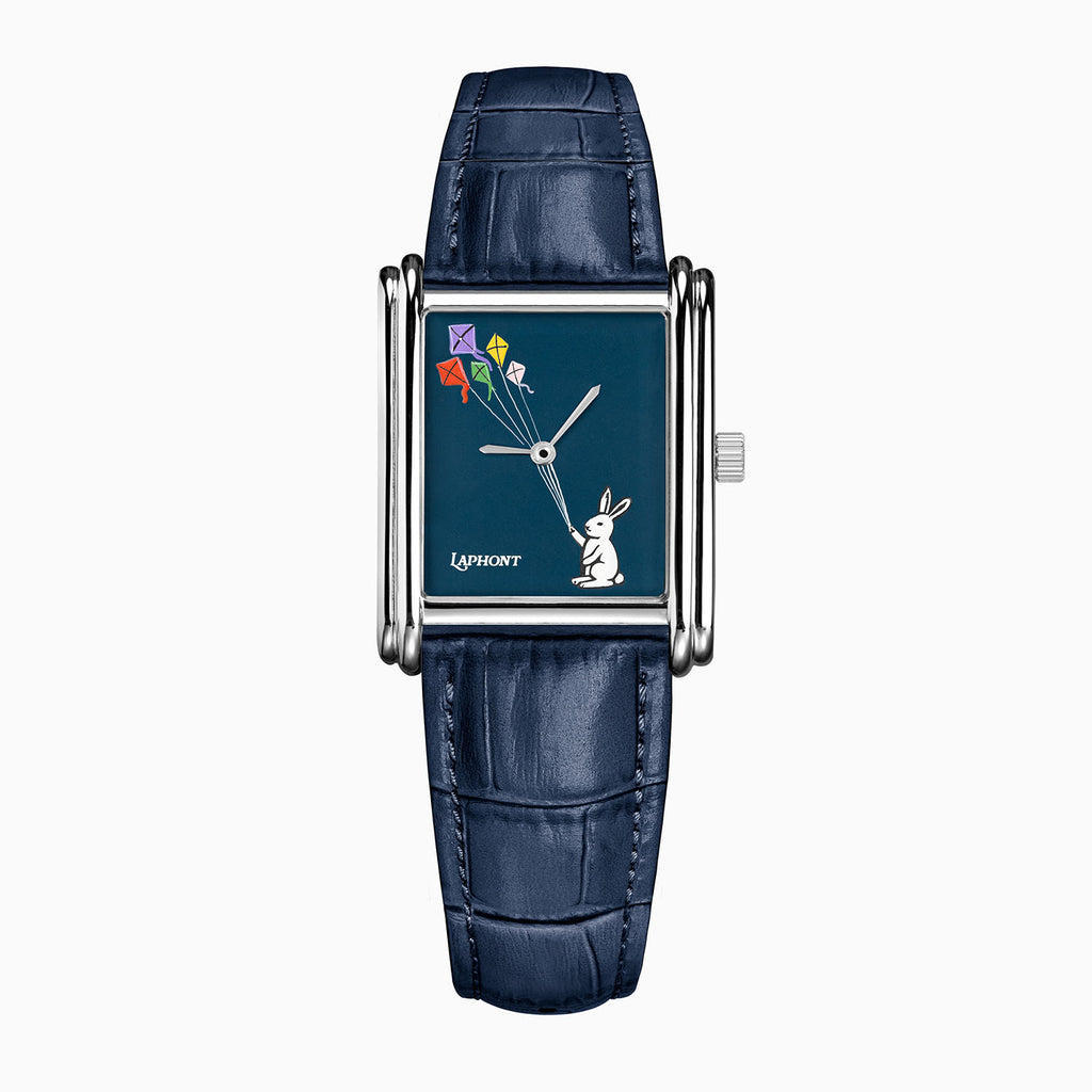 Laphont Bloc Skybound — Custom Laphont Bloc with a hand-painted white rabbit flying five kites across a deep navy dial, on a navy croc-embossed strap, a limited edition timepiece by IFL Watches