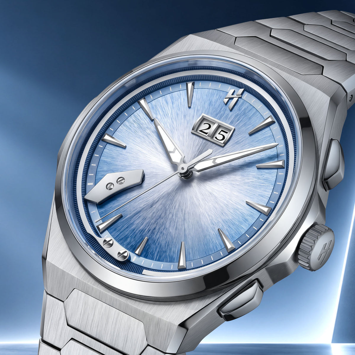 Lucky Harvey Chiming Watch 2.0 Blue — Close angled view of the radially brushed blue dial, big date window and hammer, available at IFL Watches.