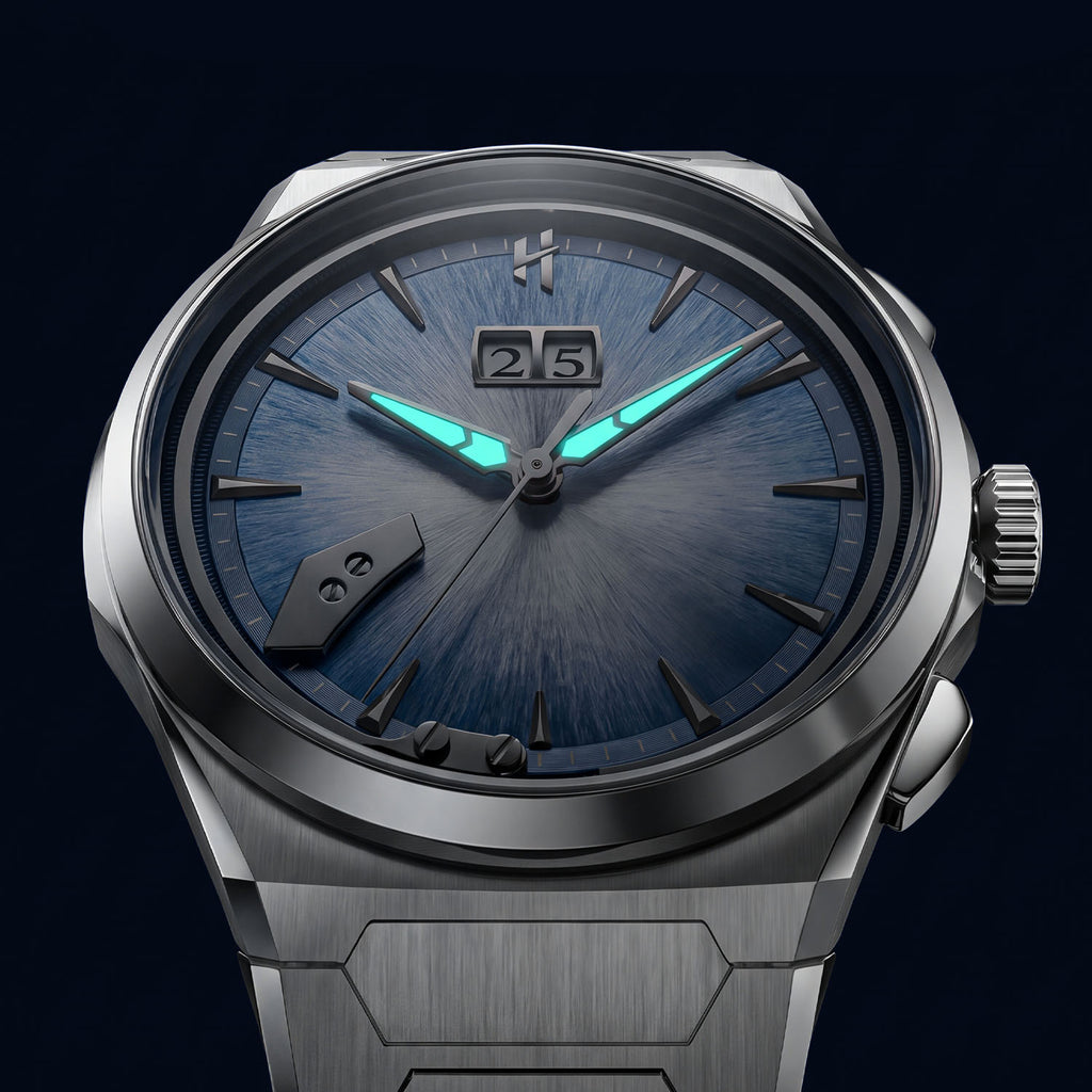 Lucky Harvey Chiming Watch 2.0 Blue — In the dark, showing the luminous hands, available at IFL Watches.