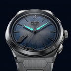 Lucky Harvey Chiming Watch 2.0 Blue — In the dark, showing the luminous hands, available at IFL Watches.