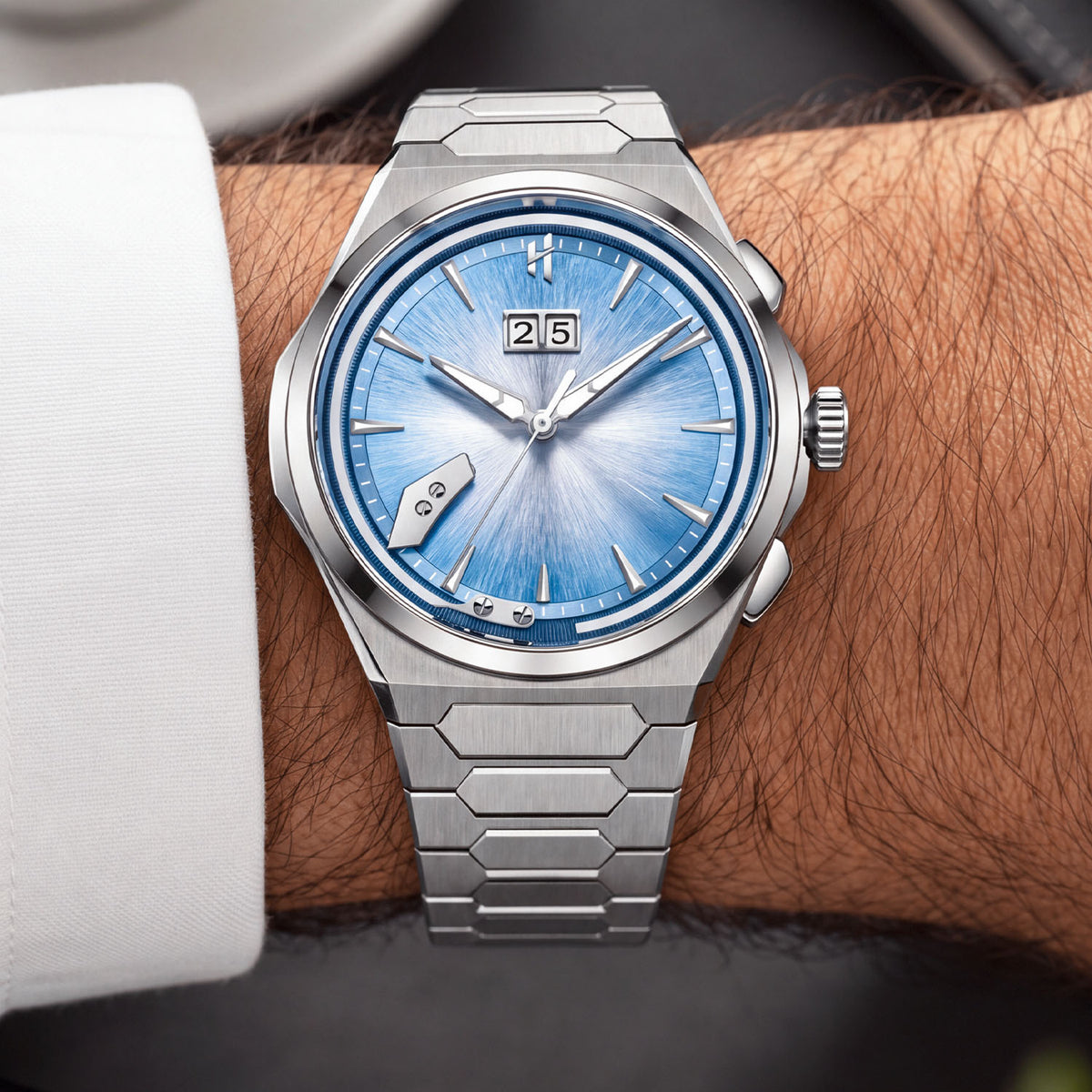 Lucky Harvey Chiming Watch 2.0 Blue — Worn on wrist, front view of the blue dial, available at IFL Watches.