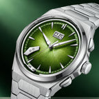 Lucky Harvey Chiming Watch 2.0 Green — Close angled view of the radially brushed green dial, big date window and hammer, available at IFL Watches.