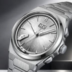 Lucky Harvey Chiming Watch 2.0 Silver — Close angled view of the radially brushed silver dial, big date window and hammer, available at IFL Watches.